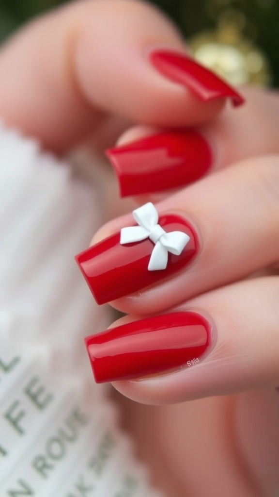 Close-up of red Christmas nails with white bow designs.